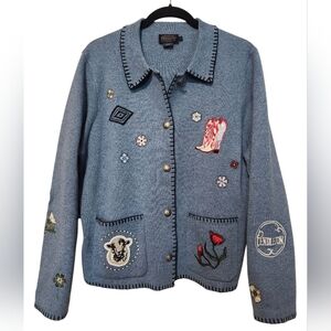 Pendleton Souvenir Patch Wool Blend Denim Heather Embroidered Cardigan Size M